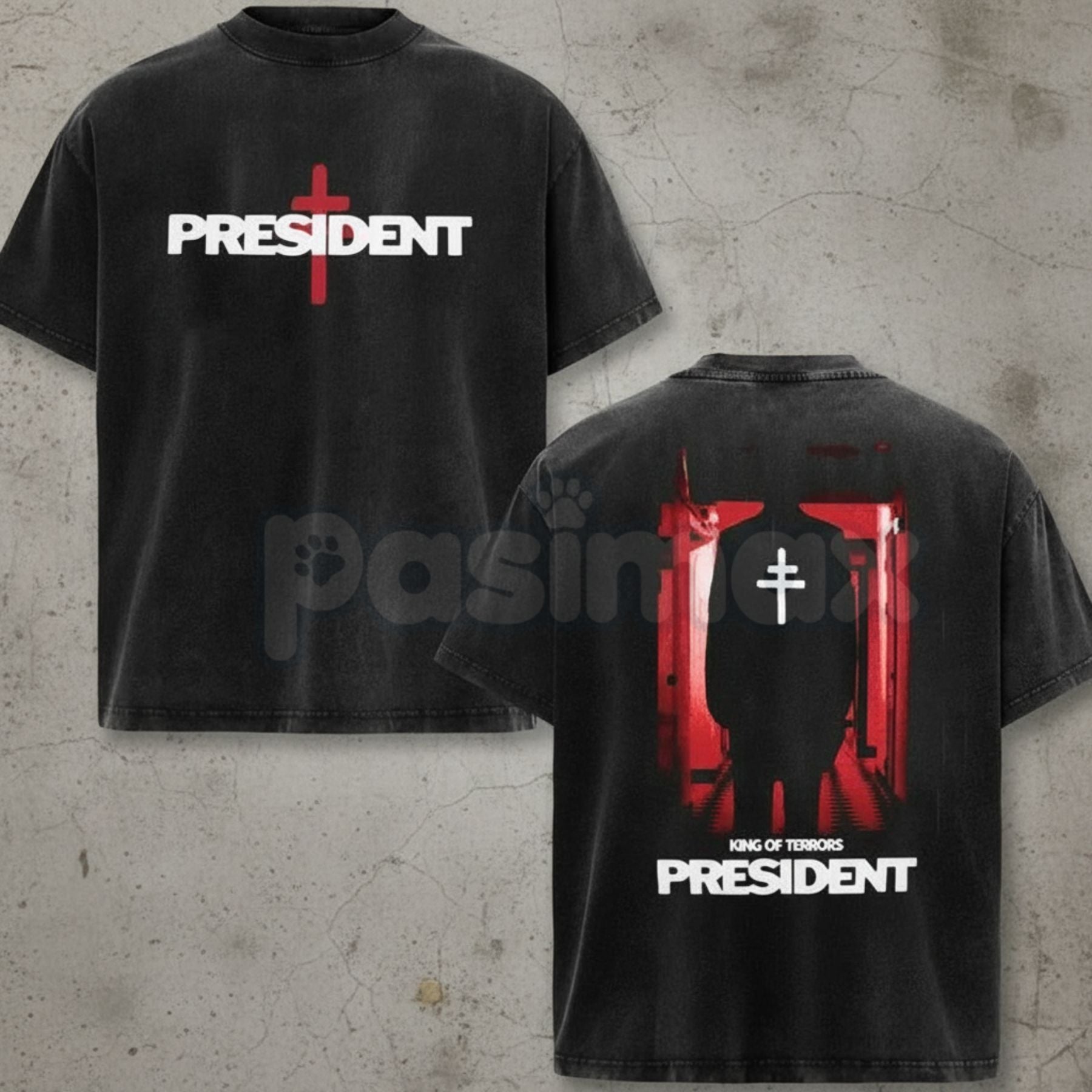 President Band T-Shirt Collection – Gothic Cross Graphic Tee, Oversized Vintage Washed Metal Style Political Streetwear
