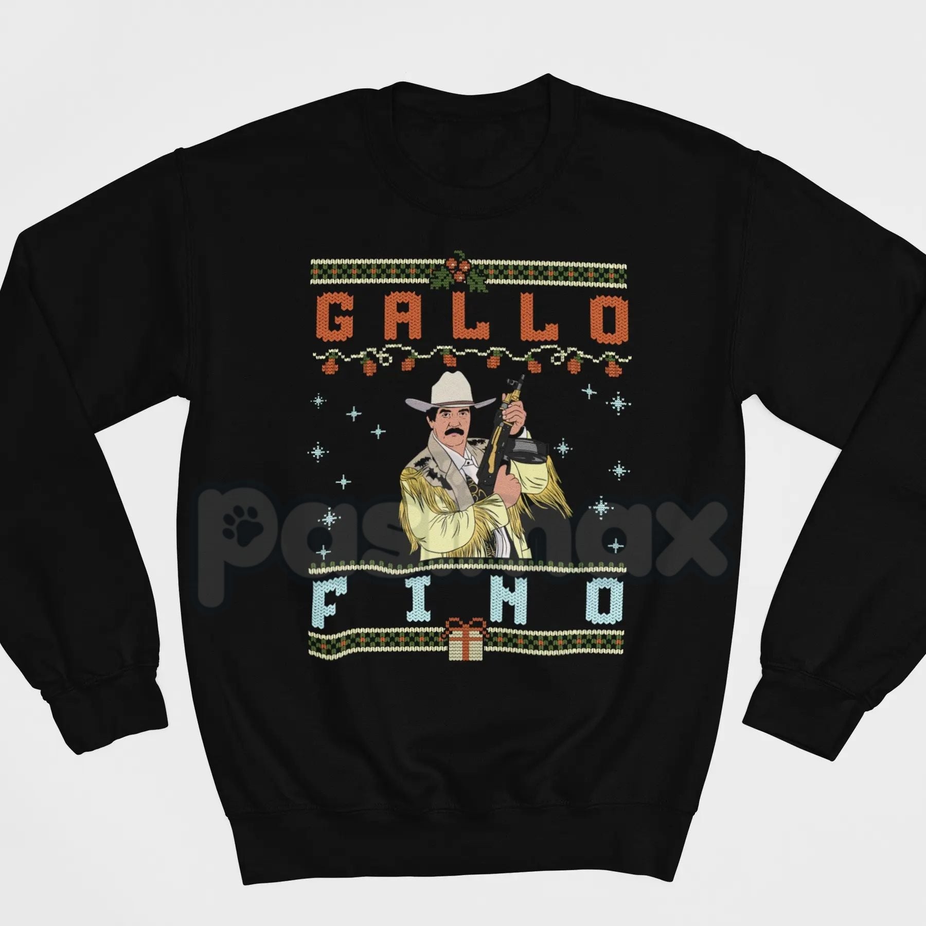 Pasimax "Gallo Fino" Sweatshirt | Classy Fine Rooster Spanish Idiom Crewneck | Dapper Latino Statement Apparel — detail close