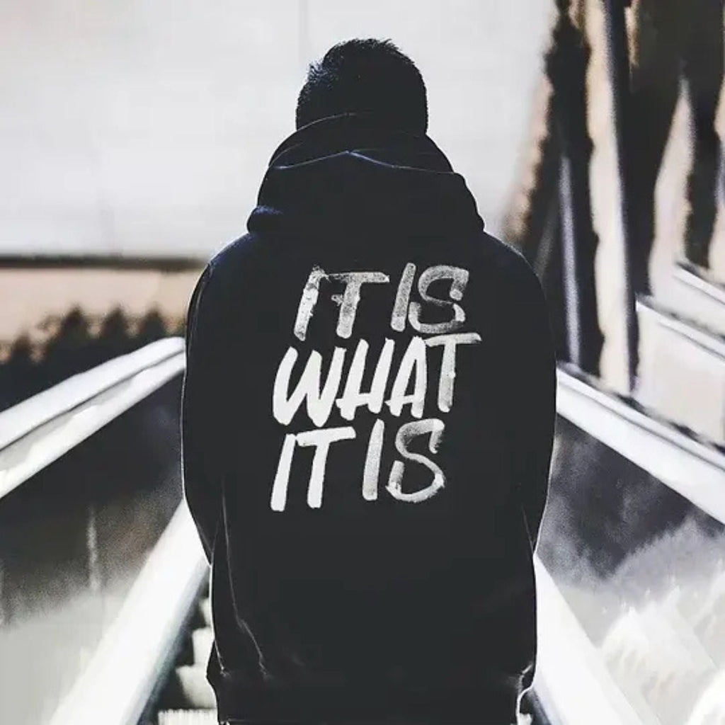 Pasimax "It Is What It Is" Distressed Print Hoodie — detail close-up
