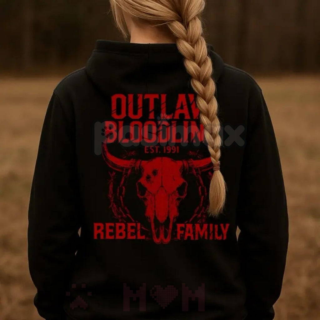 Pasimax Rebel Family Outlaw Bloodline Hoodie – Red Skull Country Apparel Pullover, Southern & Edgy Streetwear, Unisex — detai