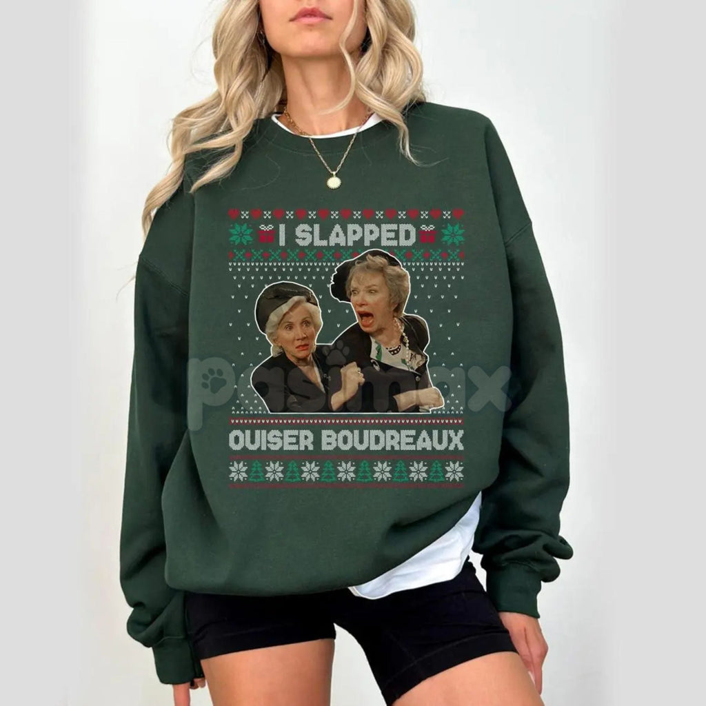 Pasimax "I Slap Ouiser Boudreaux" Ugly Christmas Sweatshirt – Funny Steel Magnolias Holiday Crewneck — detail close-up