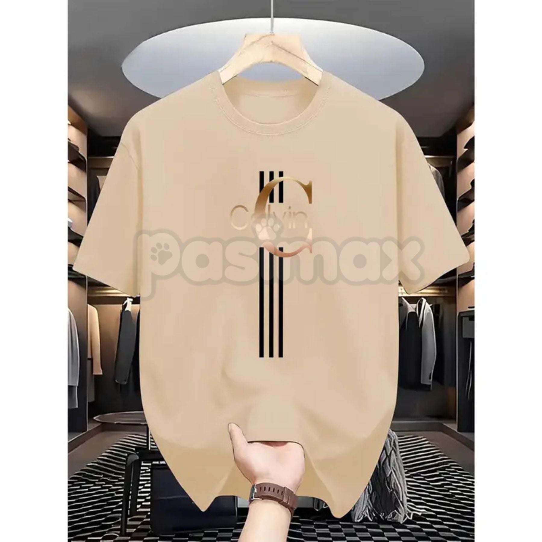 Pasimax Men's Casual Calvin Print T-Shirt - Black & Gold Stripes Streetwear Tee, Comfortable Summer Crew Neck Top, Modern Urb