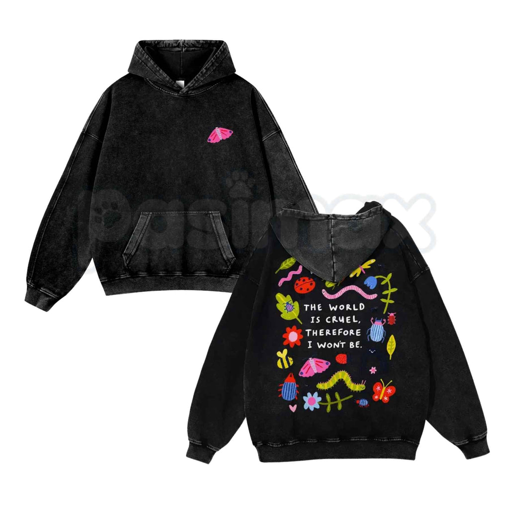 Cute Bug Print Pink Washed Hoodie – Vintage Aesthetic Pullover, Relaxed Streetwear Style