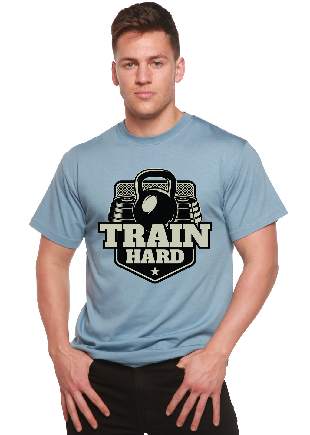 Spun Bamboo Train Hard Men's Bamboo Viscose/Organic Cotton Short Sleeve Graphic T-Shirt — detail close-up