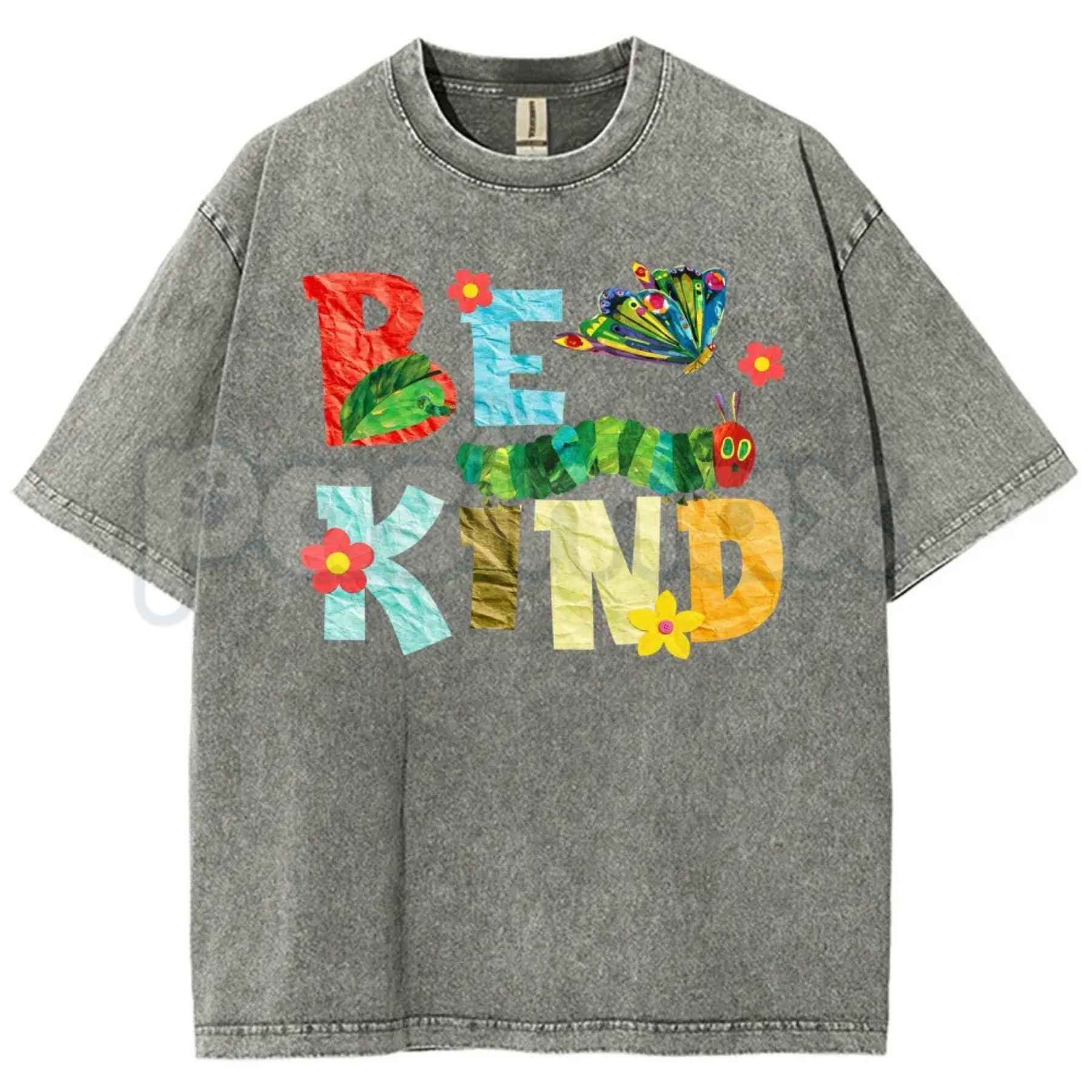Be Kind Paper Collage Bug Butterfly Floral T-Shirt – Retro Cottagecore Graphic Tee, Vintage Washed Lightweight Cotton Botanical Unisex Top