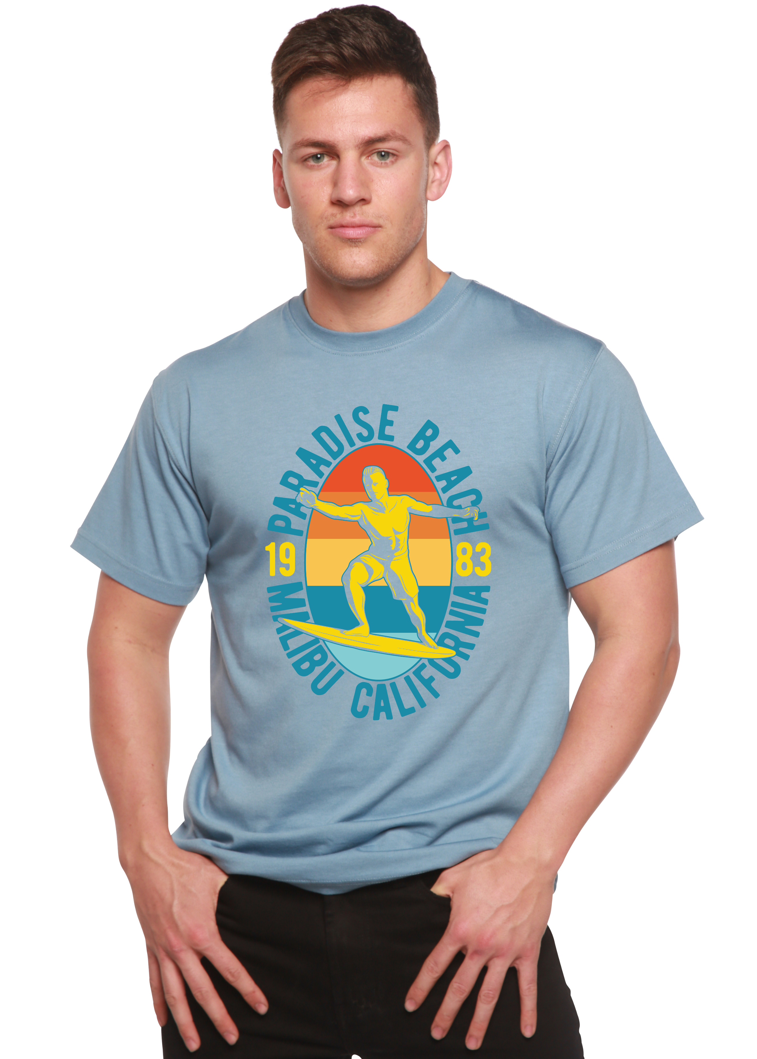 Spun Bamboo Paradise Beach 1983 Men's Bamboo Viscose/Organic Cotton Short Sleeve Graphic T-Shirt — back view