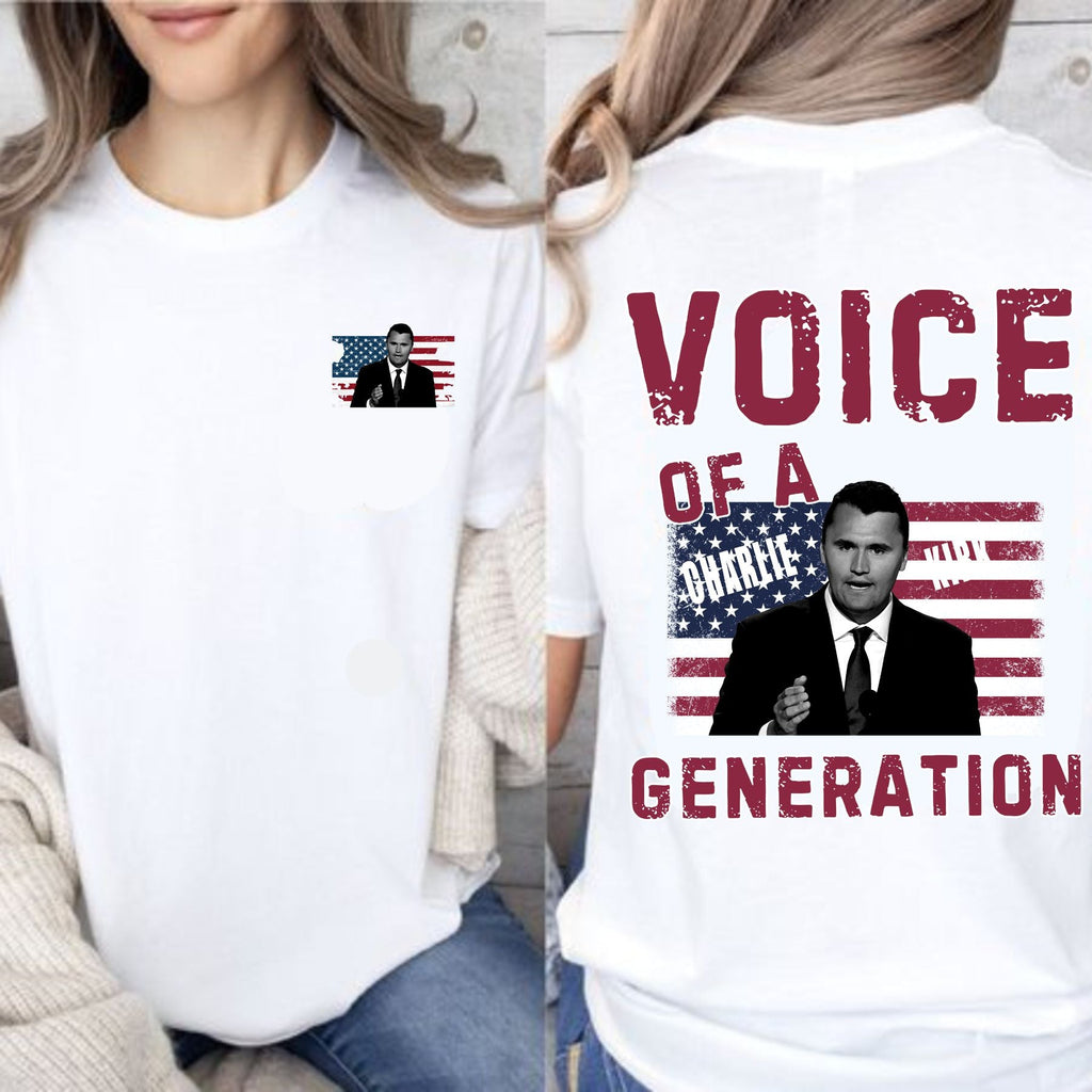 Pasimax "Voice of a Generation" Charlie Kirk T-Shirt — detail close-up
