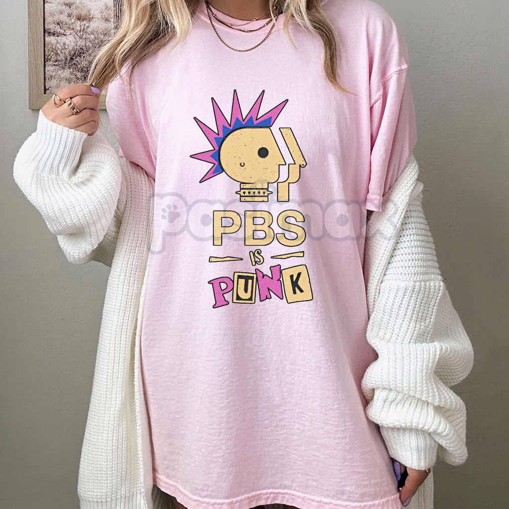 Pasimax "PBS Is Punk" T-Shirt - Funny Punk Rock Parody Tee, Public Broadcasting Humor, Unisex Graphic Shirt — detail close-up
