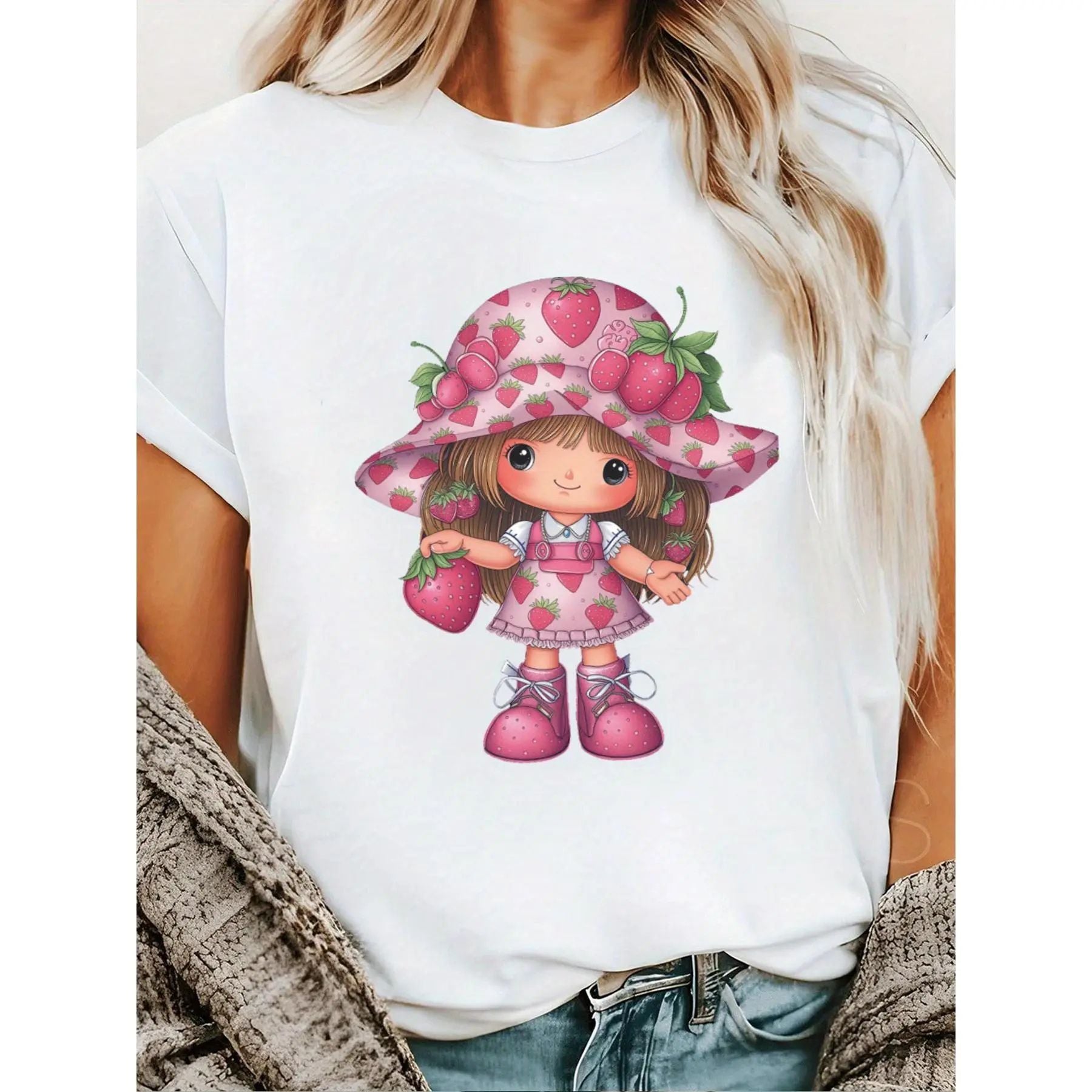 Pasimax Cute Strawberry Print Short Top T-Shirt — detail close-up