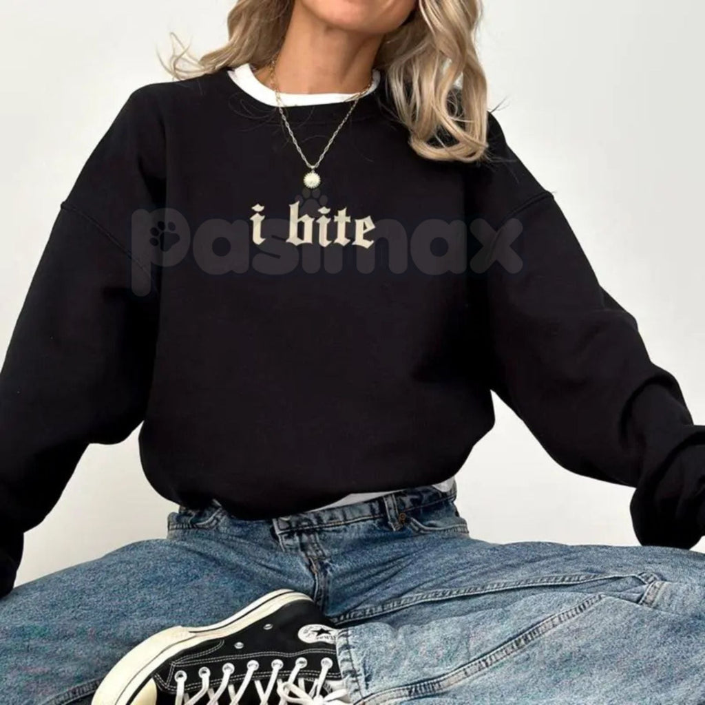 Pasimax Gothic I Bite Sweatshirt | Funny Girls Crewneck | Edgy Vampire Core Jumper | Aesthetic Alt Clothing for Her | Sarcast