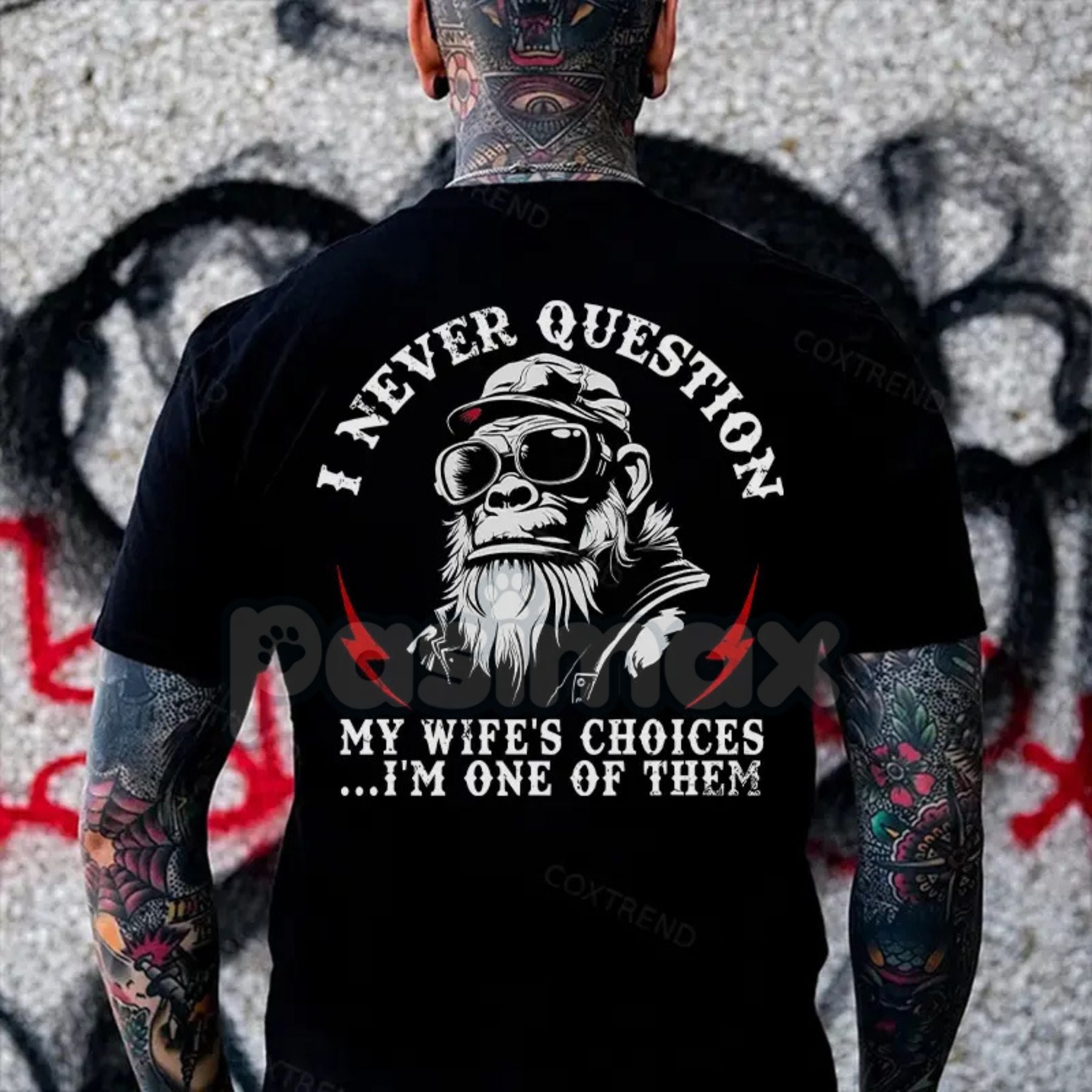 Pasimax "I Never Question My Wife's Choices" Funny Husband T-Shirt - Marriage Joke Tee, Sarcastic Spouse Apparel — detail clo