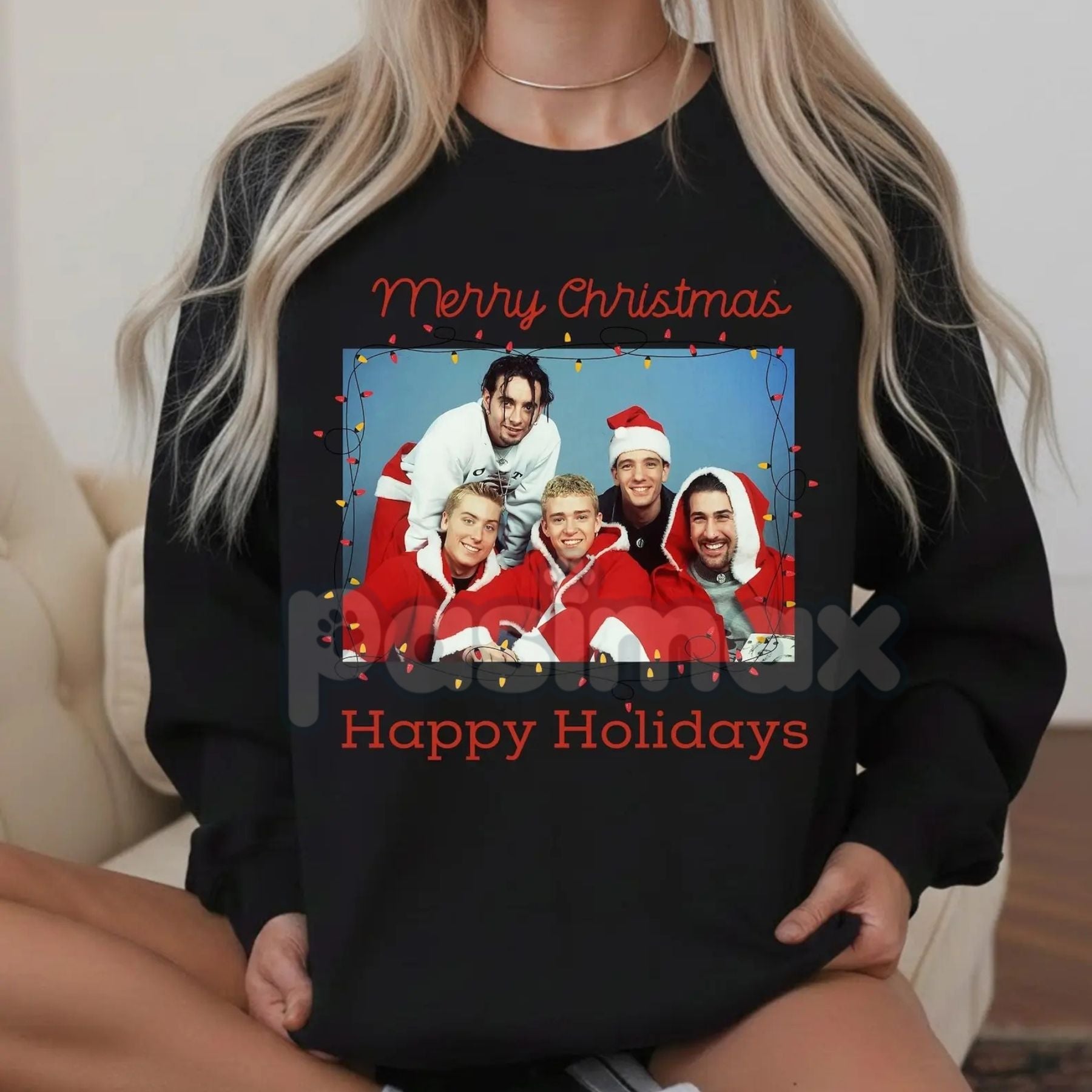 Pasimax Ugly NSYNC Christmas Sweatshirt | 90s Boy Band Holiday Jumper | Retro NSYNC Merry Christmas Crewneck | Tacky Pop Star