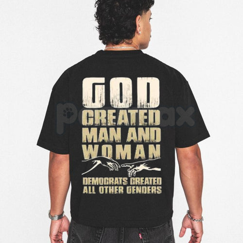 "Created by the Divine" Humorous T-Shirt – Divine Man and Woman Graphic Tee, Premium 100% Cotton Funny Heritage Top, Soft Lived-In Heavyweight Spiritual Humor Shirt, Made in USA