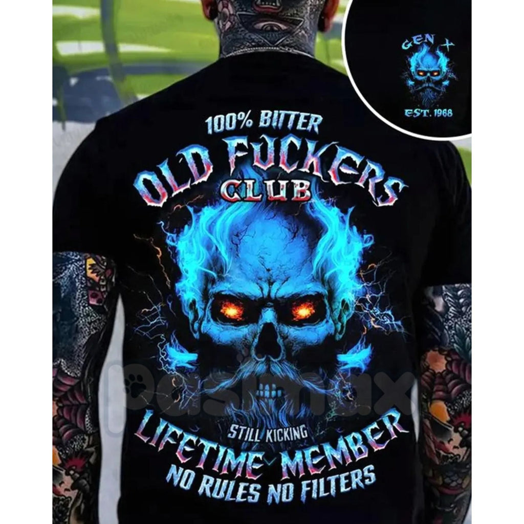 Pasimax Crazymoda Generation X 100% Bitter Old F*ckers Club Custom Year Skull T-shirt - Rude Gen X Slogan Tee, Sarcastic Old 