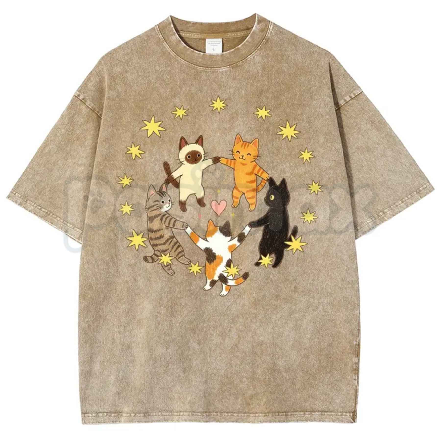 Five Holding Hands Circle Cats T-Shirt – Retro Wholesome Kitten Star Heart Graphic Tee, Vintage Washed Lightweight Cotton Unisex Top