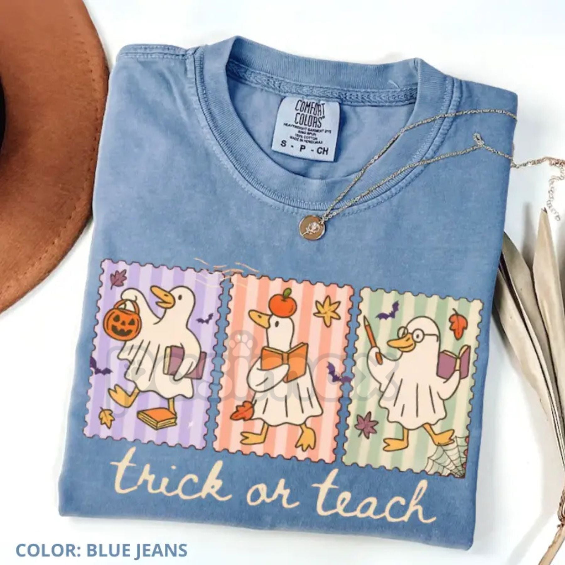 Pasimax Comfort Colors® Vintage Teacher Goose Halloween Shirt — detail close-up