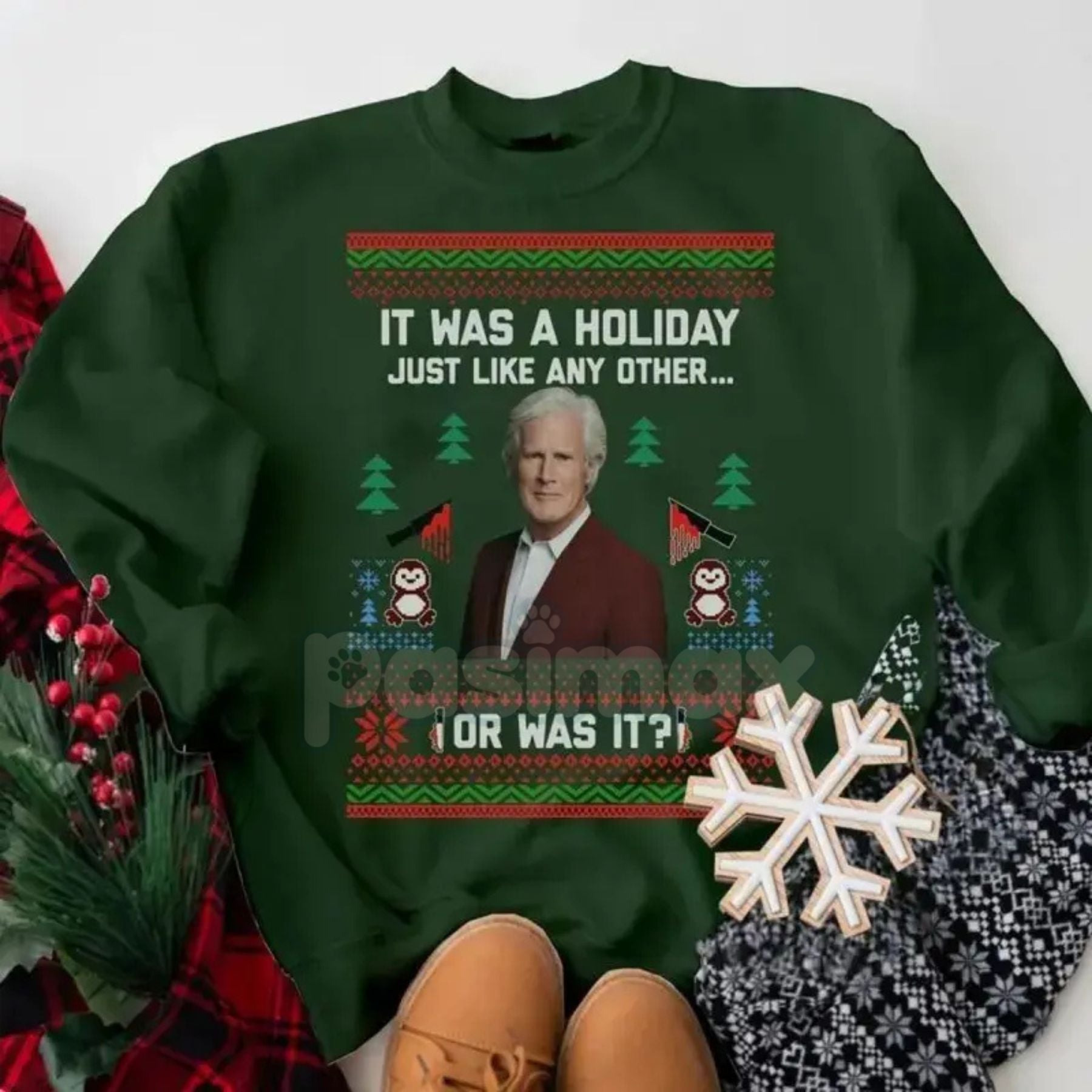 Pasimax True Crime Ugly Christmas Sweatshirt – Funny Holiday Murderino Crewneck — detail close-up