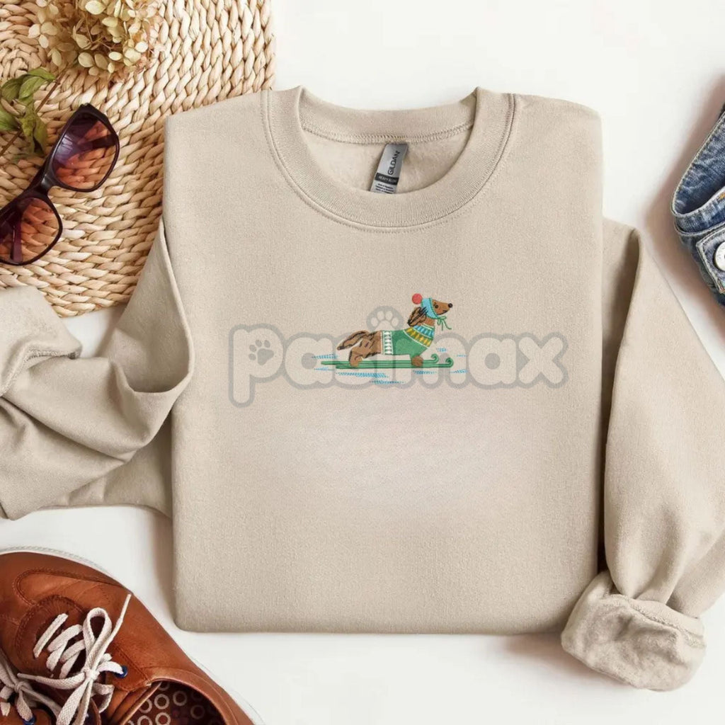 Pasimax Dachshund on Skis Embroidered Sweatshirt – Funny Christmas Dog Crewneck — detail close-up