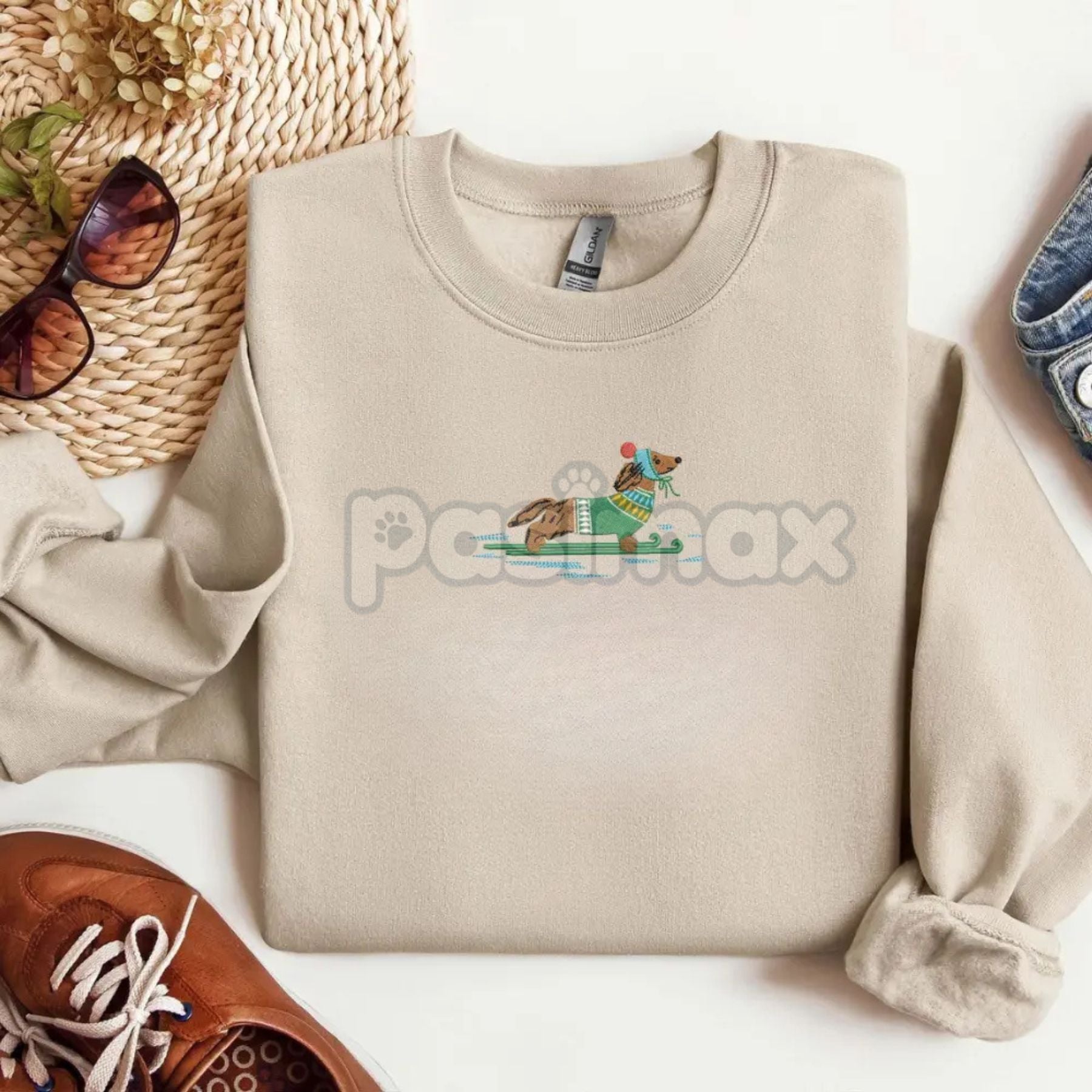 Pasimax Dachshund on Skis Embroidered Sweatshirt – Funny Christmas Dog Crewneck — detail close-up
