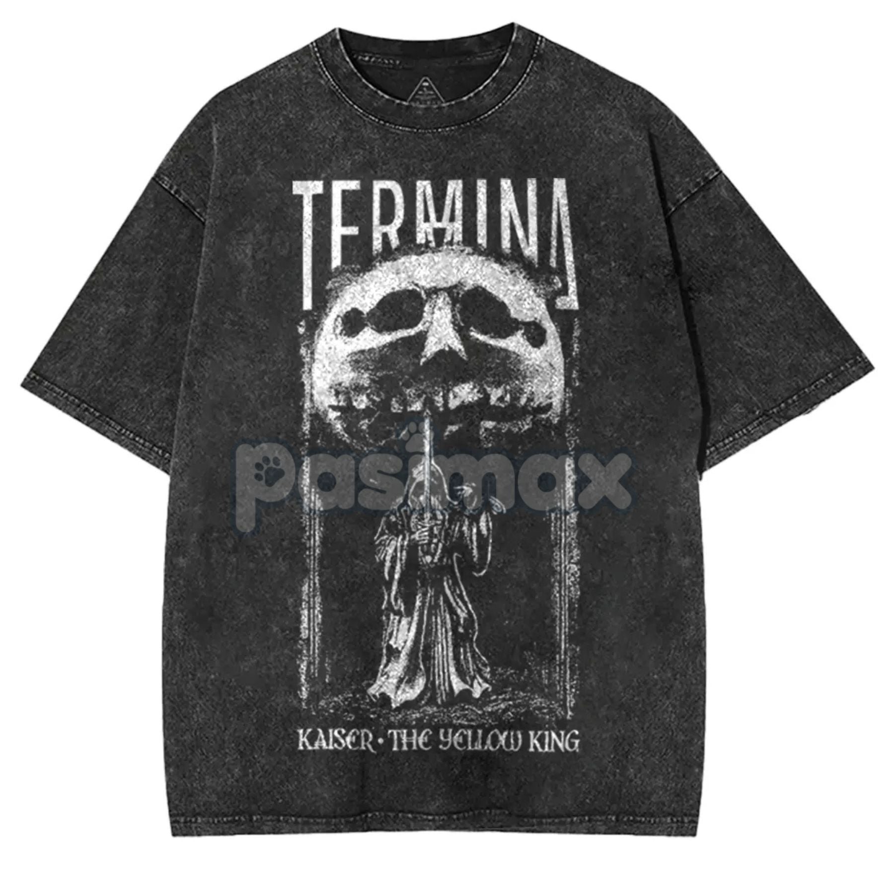 Pasimax Fear And Hunger: Termina T-Shirt – Kaiser The Yellow King Hip Hop Washed Oversized Tee — detail close-up