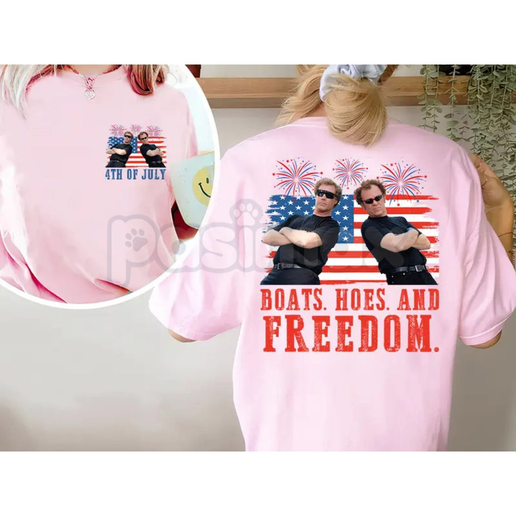 Pasimax "Boats, Hoes & Freedom" Step Brothers 4th of July T-Shirt – Funny 2-Side Patriotic Graphic Tee, Premium 100% Cotton I