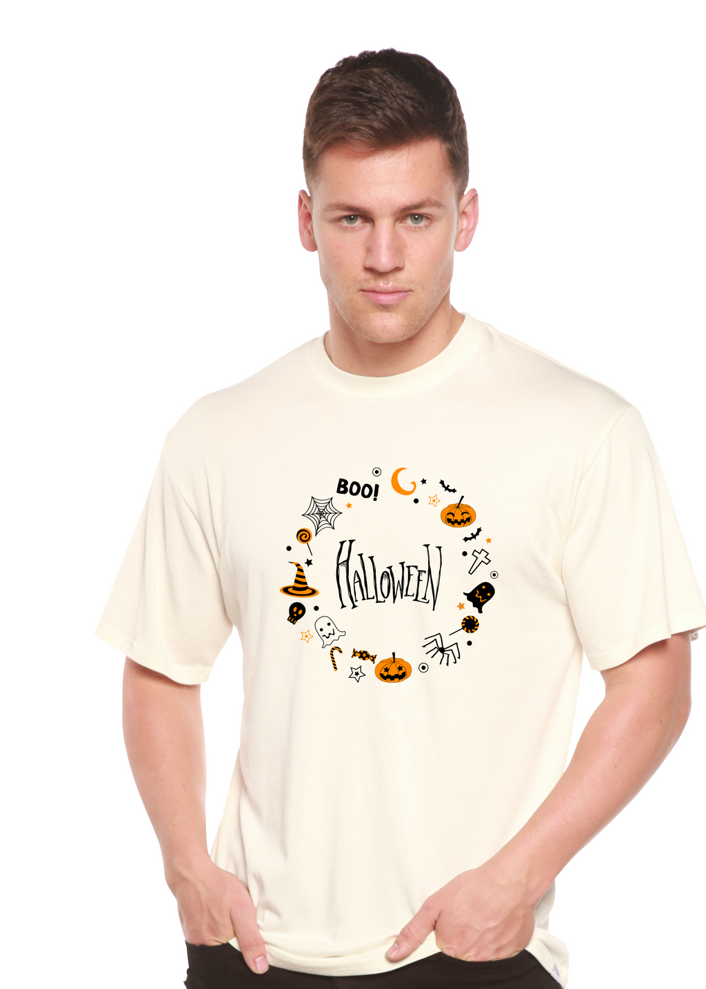 Spun Bamboo Bool Halloween Men's Bamboo Viscose/Organic Cotton Short Sleeve Graphic T-Shirt — lifestyle context