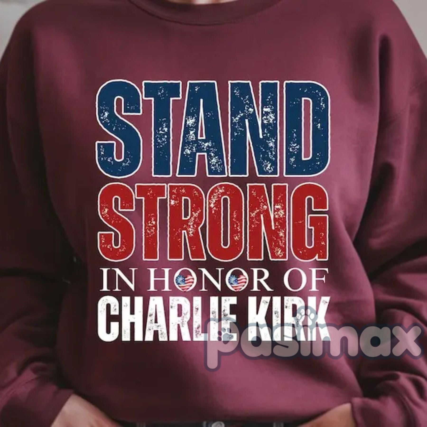 Pasimax Charlie Kirk Stand Strong Sweatshirt – Patriotic Political Top — detail close-up
