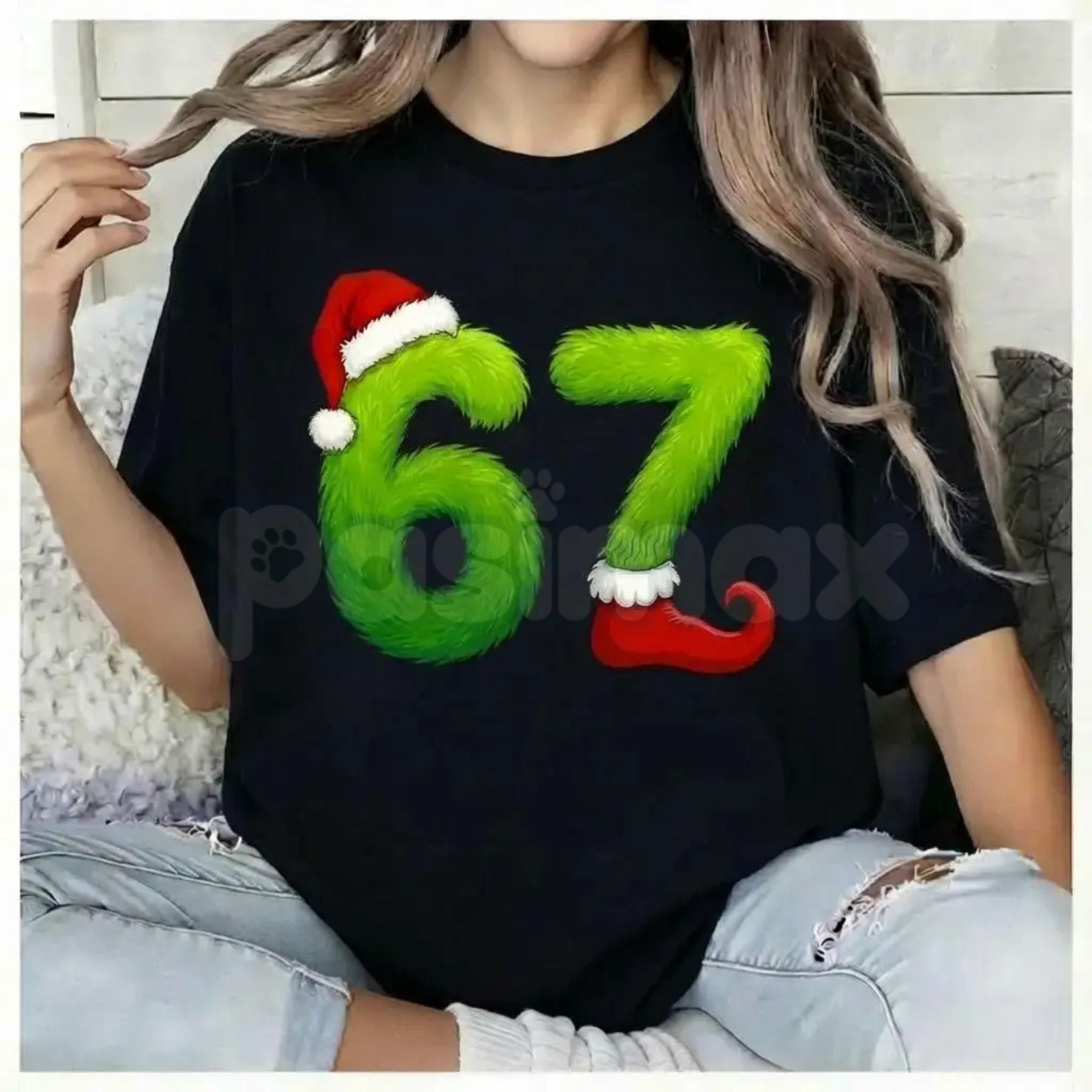 Pasimax Unisex Funny Gen Z Pop 67 Meme T-Shirt - Green Guy Inspiration Santa Hats Graphic, Niche Viral Humor Tee, Trendy Holi