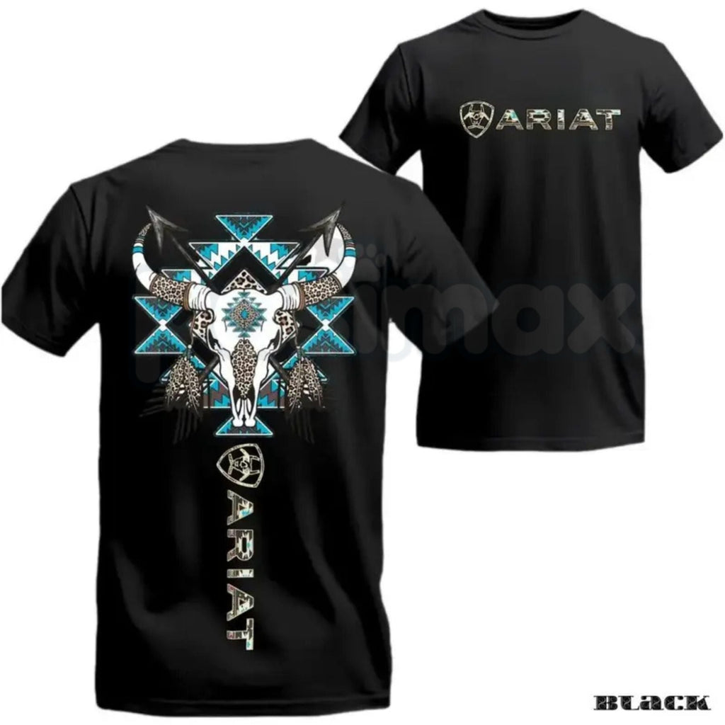 Ariat Tribal Skull T-Shirt – Western Bull Skull & Feathers Graphic, Premium 100% Cotton Blue Aztec Pattern Top, Soft Lived-In Heavyweight Southwestern Ranch Shirt, Made in USA