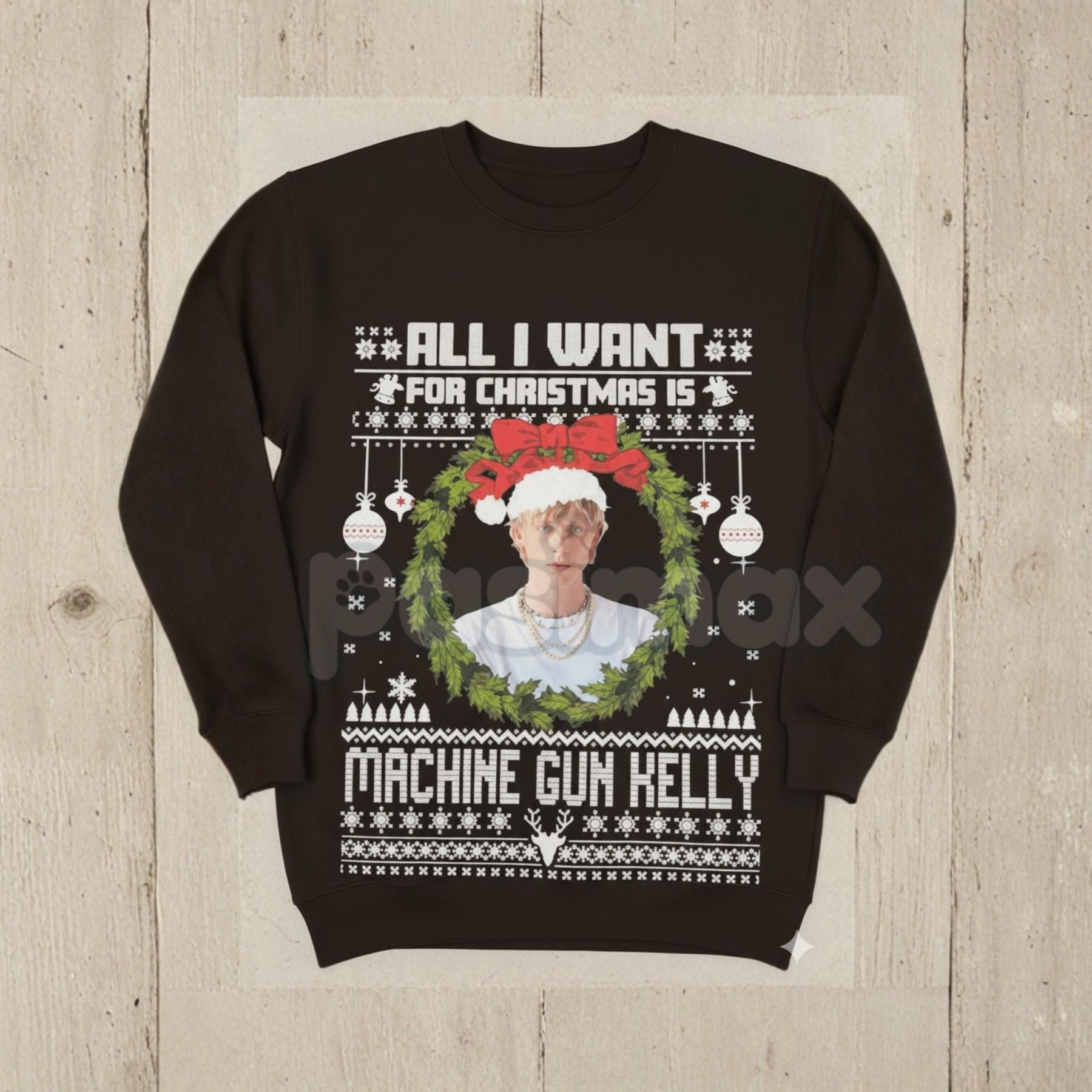 Pasimax MGK "All I Want For Xmas" Sweatshirt – Machine Gun Kelly Music Holiday Crewneck — lifestyle context
