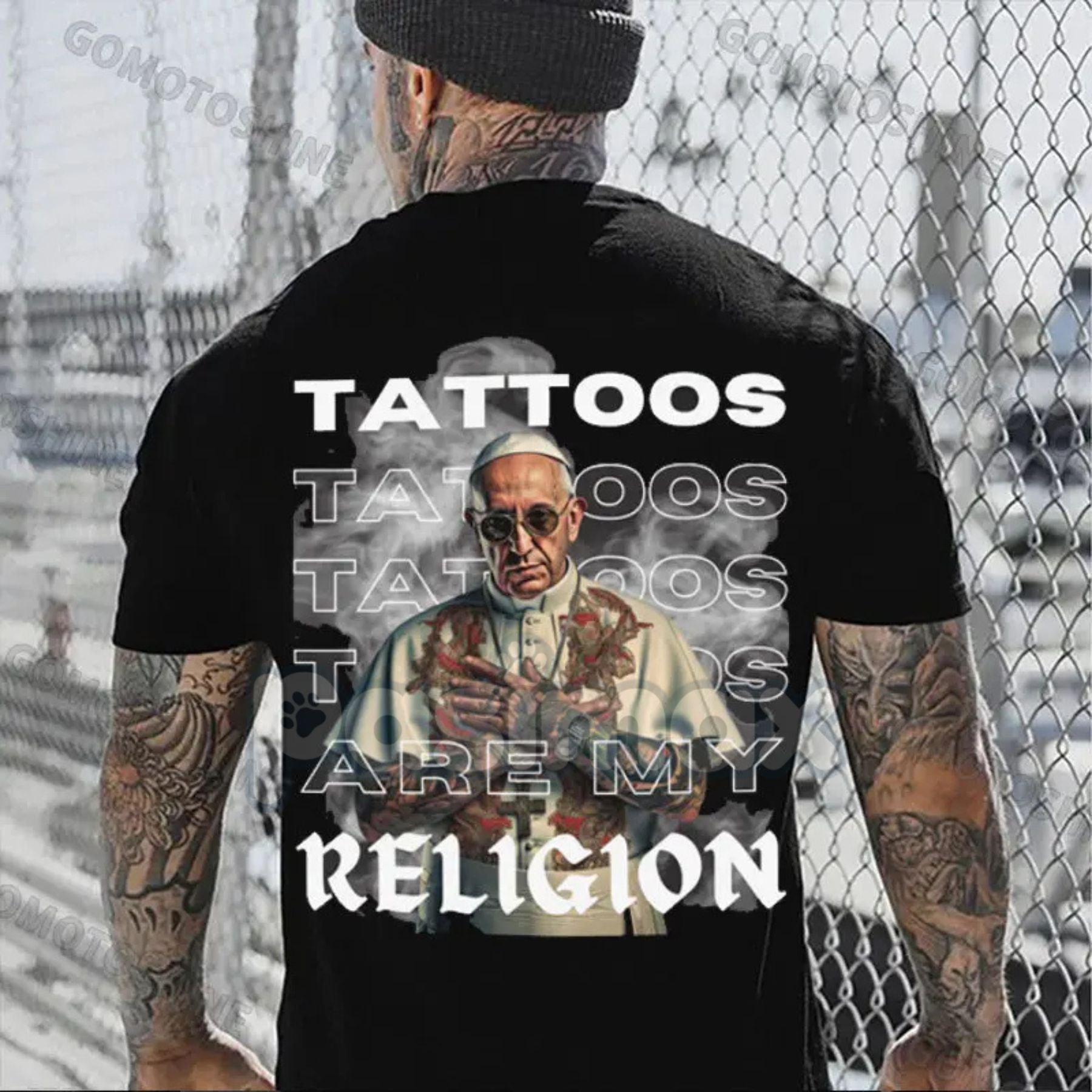 Pasimax "Tattoos Are My Religion" Tattooed Priest T-Shirt - Men's Edgy Graphic Tee, Controversial Slogan Apparel, Tattoo Cult