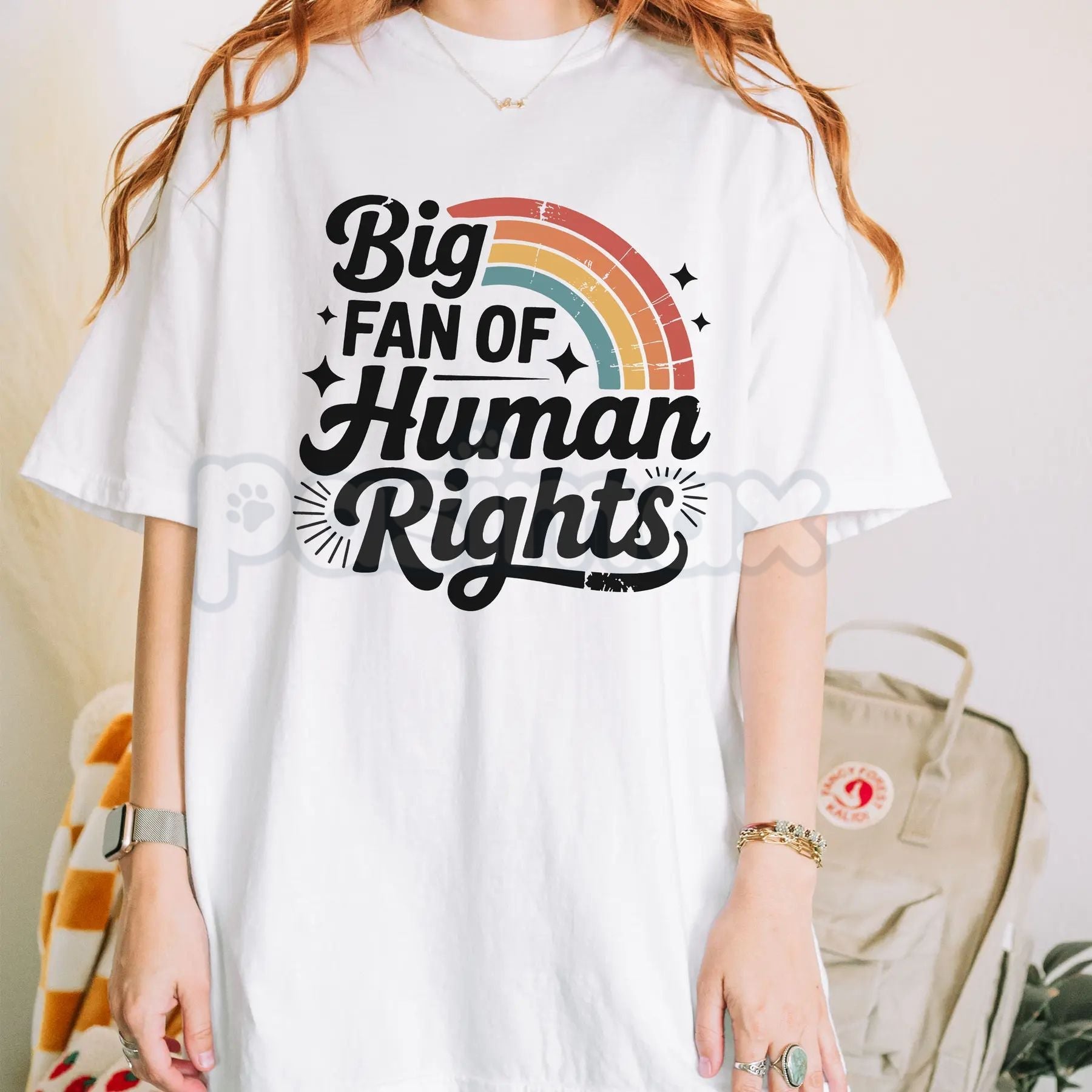 Pasimax "Big Fan of Human Rights" Aesthetic Retro Shirt - Vintage 70s Rainbow Equality Tee, Minimalist Social Justice Graphic