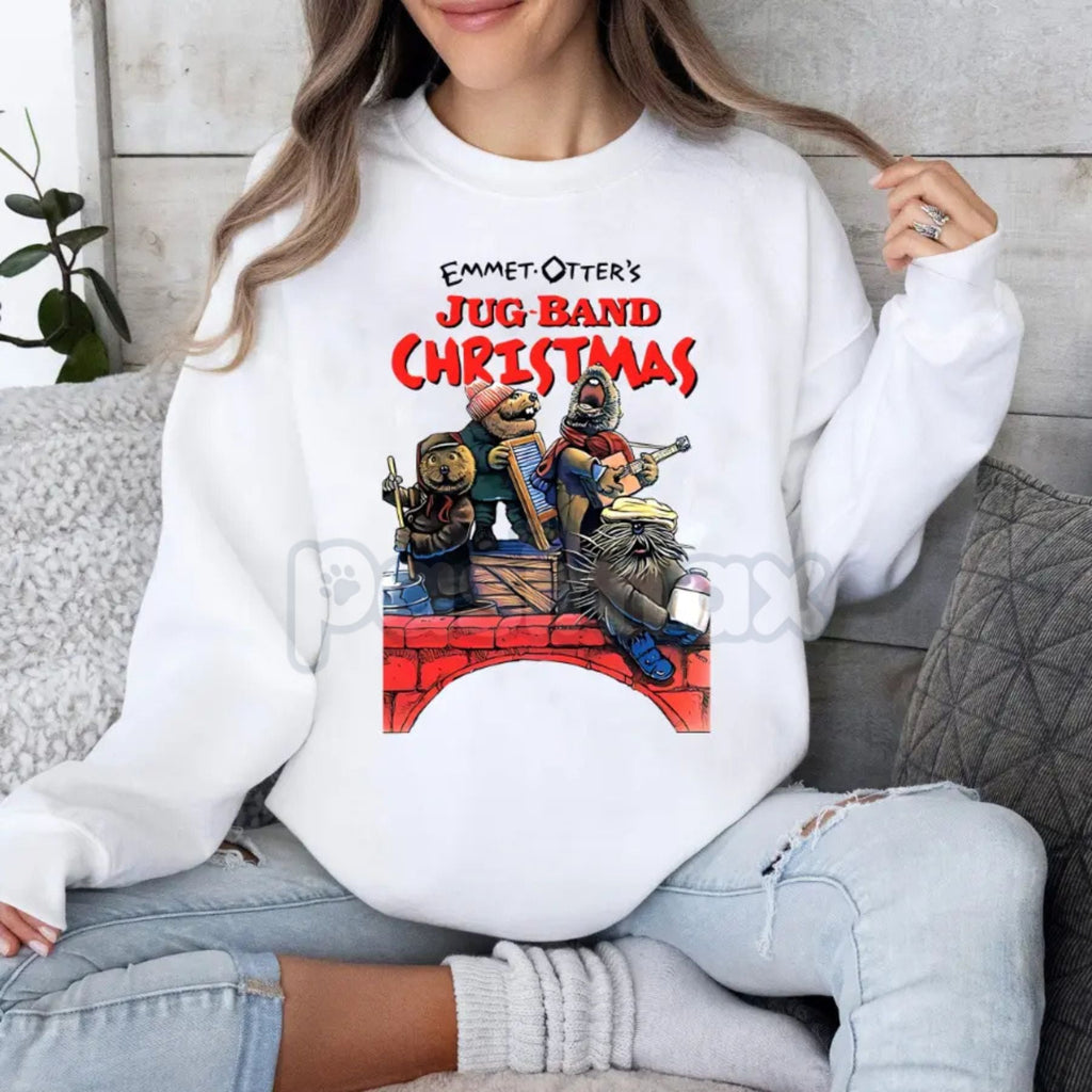Pasimax Emmet Otter's Jug Band Christmas Sweatshirt – Vintage Cartoon Movie Holiday Crewneck — detail close-up