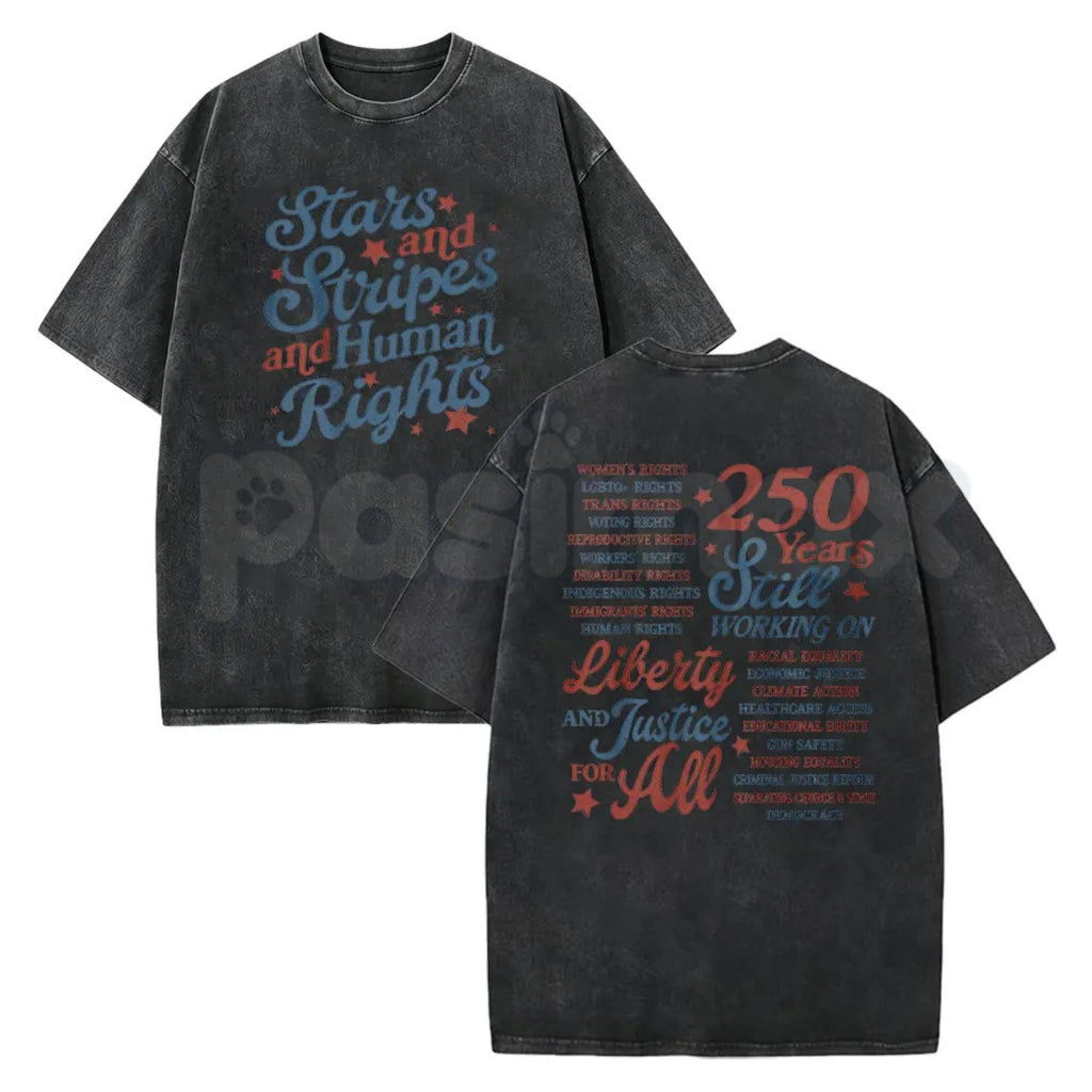 Stars and Stripes and Human Rights T-Shirt – 250 Years America Social Justice Graphic Tee, Vintage Washed Retro Patriotic Lightweight Cotton Top