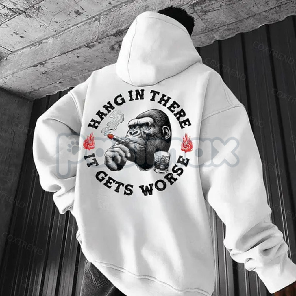 Pasimax "Hang In There It Gets Worse" Monkey Hoodie – Sarcastic Nihilist Humor Pullover, Funny Nihilism Ape Graphic, Unisex —
