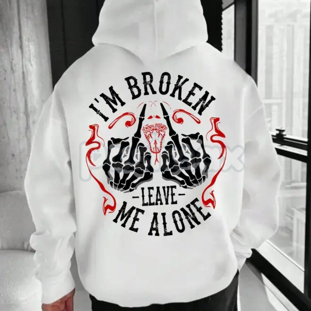 Pasimax "I’m Broken Leave Me Alone" Hoodie – Aesthetic Emo Streetwear, Moody Grunge Statement Pullover, Unisex — detail close