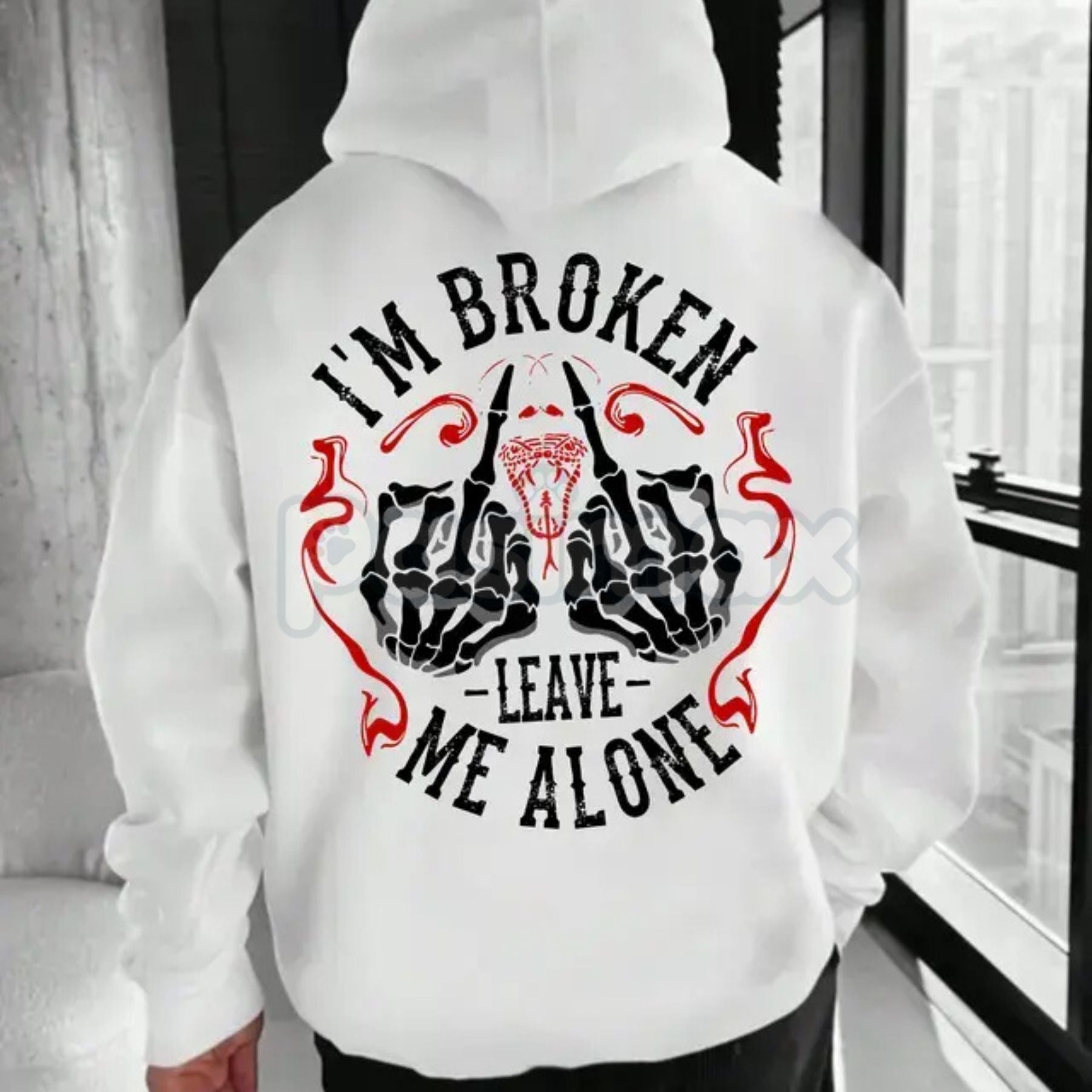 Pasimax "I’m Broken Leave Me Alone" Hoodie – Aesthetic Emo Streetwear, Moody Grunge Statement Pullover, Unisex — detail close