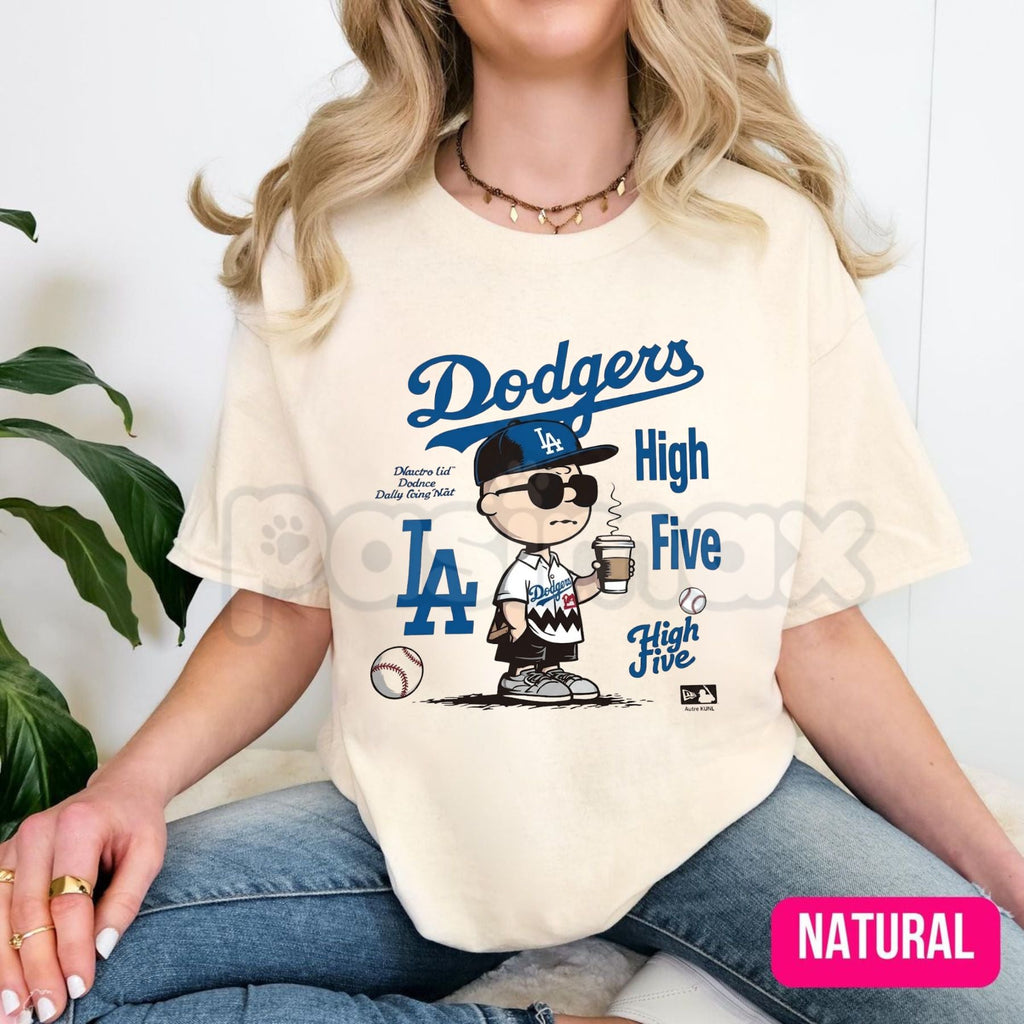 "Chillen’ in LA" Dodgers T-Shirt – Charlie Brown Coffee Graphic Tee, Remastered Heavy Cotton LA Baseball Top, Soft Lived-In Heavyweight Snoopy & Peanuts Fan Shirt, Made in USA