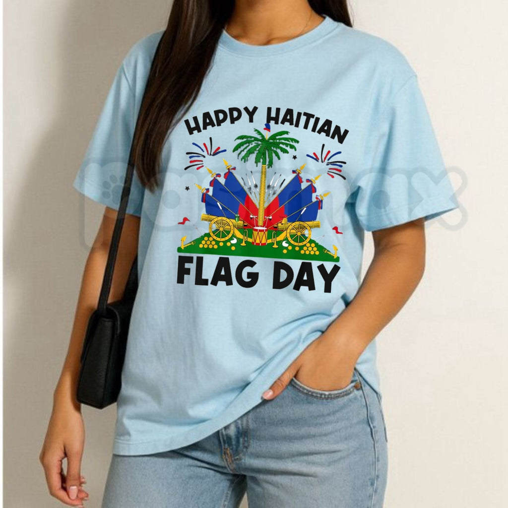 "Happy Haitian Flag Day" Patriotic T-Shirt – Haiti Heritage Graphic Tee for Men & Women, Premium 100% Cotton L'Union Fait La Force Top, Soft Lived-In Heavyweight Caribbean Pride Shirt, Made in USA