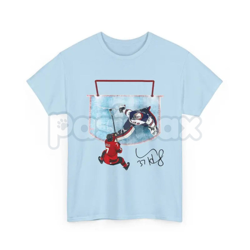Pasimax Hellebuyck "The Great Wall" Save T-Shirt - USA Ice Hockey Graphic Tee, Premium 100% Cotton Goaltender Fan Top, Americ