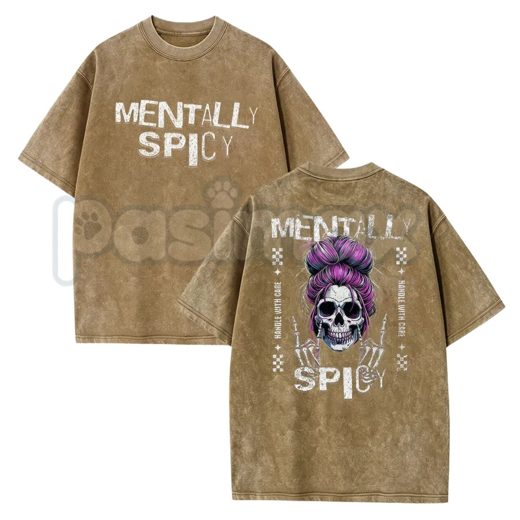 Spicy Brain Skull T-Shirt – Funny Neurospicy Mental Health Graphic Tee, Vintage Washed Edgy Skeleton Lightweight Cotton Meme Top
