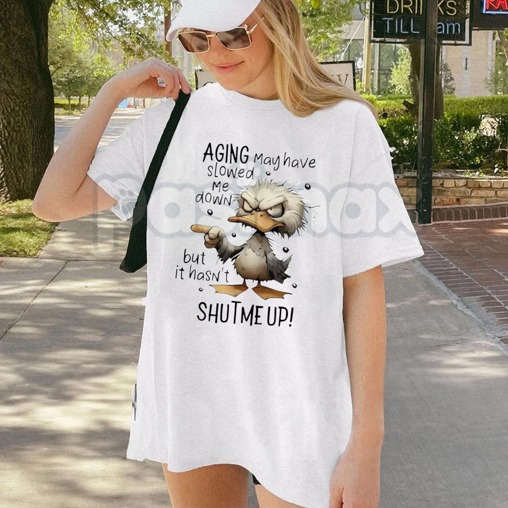 Pasimax "Aging May Have Slowed Me Down But It Haven't Shut Me Up" T-Shirt - Funny Senior Humor Graphic Tee, Premium 100% Cott