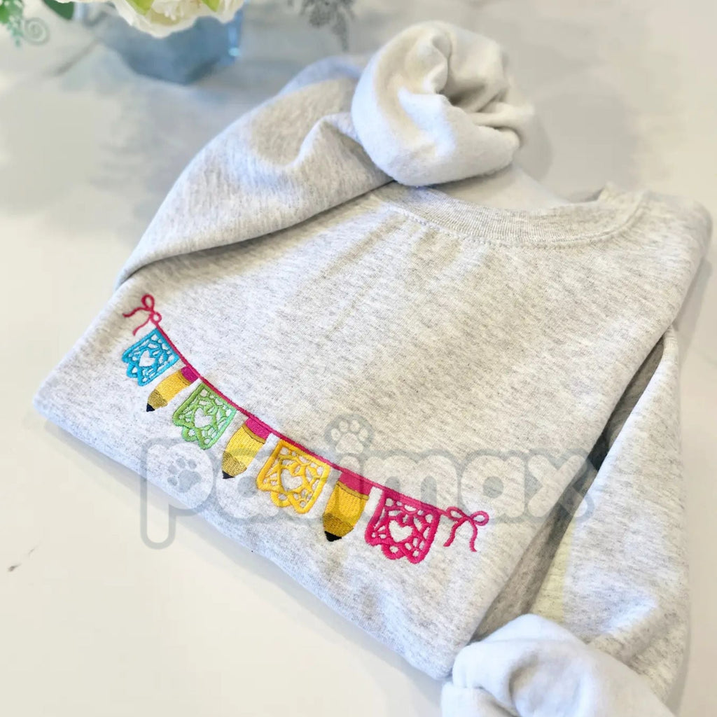 Pasimax Maestra Papel Picado Embroidered Sweatshirt – Hispanic Culture Teacher Crewneck — detail close-up