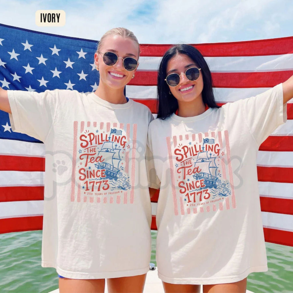 Comfort Colors® Preppy Striped "Spilling The Tea Since 1773" T-Shirt – Funny 4th of July Bow Tee, Cute Boston Tea Party Graphic Shirt, Trendy Patriotic USA Shirt