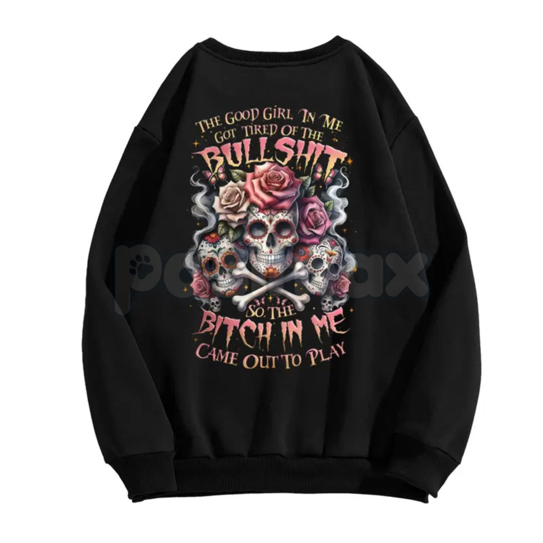 Pasimax The Good Girl In Me Got Tired – Lady's Skull Graphic Hoodie, Edgy Sweatshirt & Vintage T-Shirt — lifestyle context