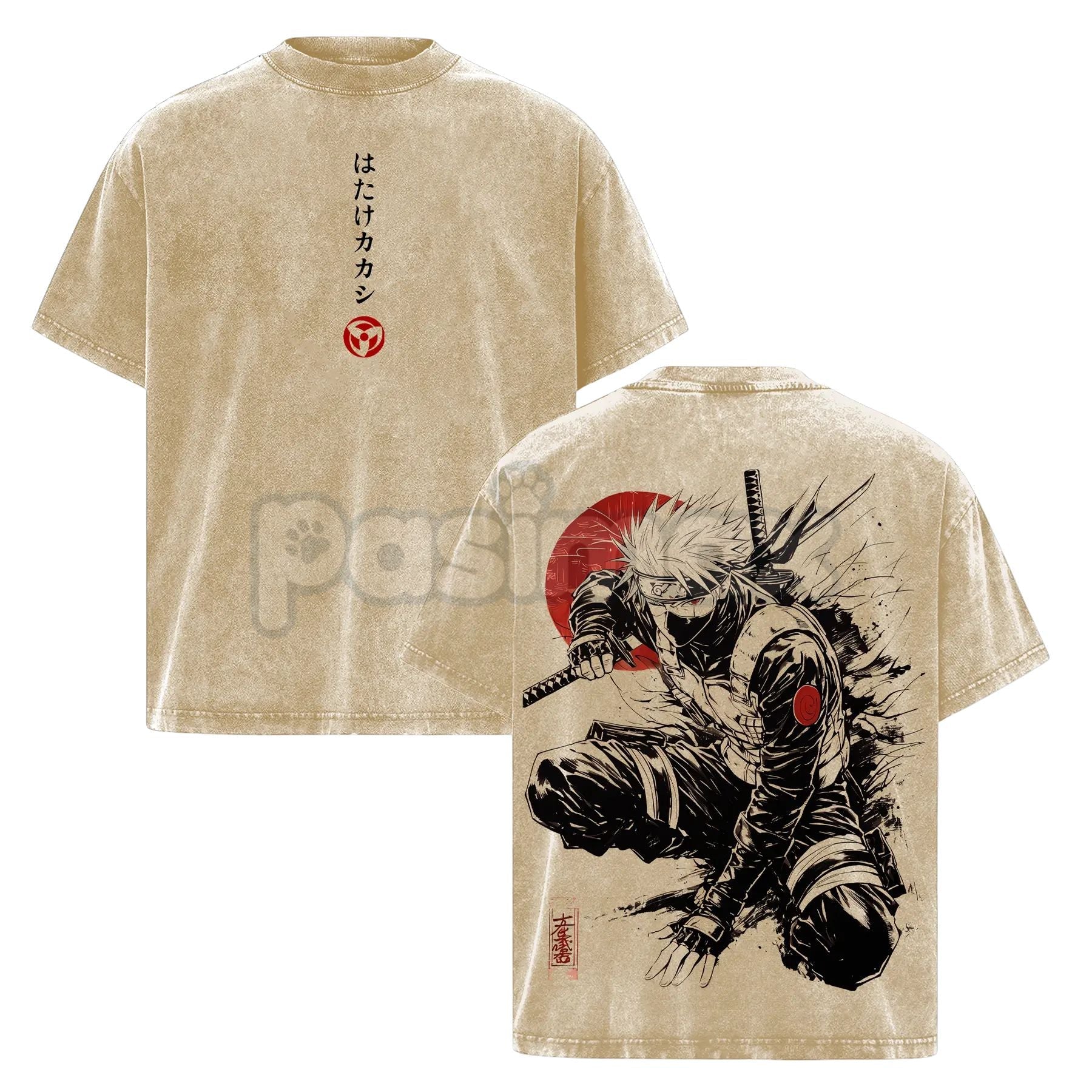 Pasimax Kakashi Hatake T-Shirt – Washed Vintage Naruto Anime Oversize Streetwear Tee, Sharingan Ninja Graphic Shirt — detail 
