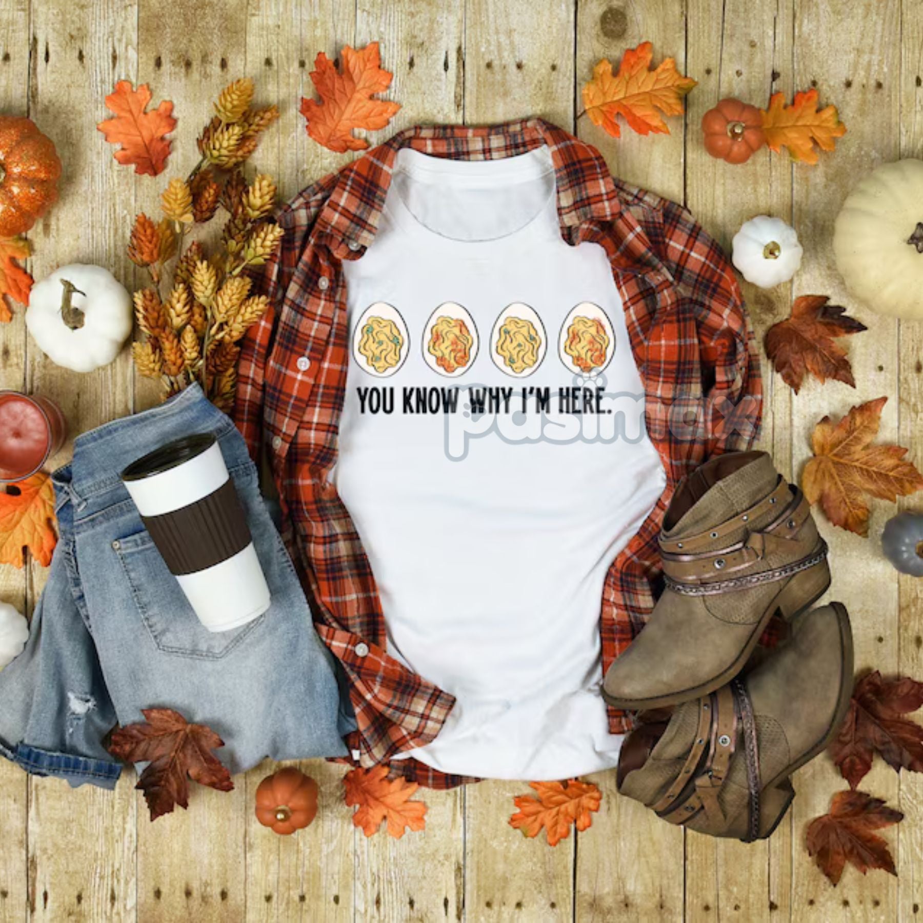 Pasimax "You Know Why I'm Here" Deviled Eggs T-Shirt — detail close-up
