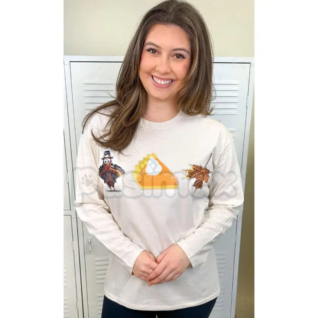 Pasimax Thanksgiving Sparkle Boyfriend Long Sleeve T-Shirt - Oversized Holiday Glitter Tee, Festive Turkey Day Comfort Top, U