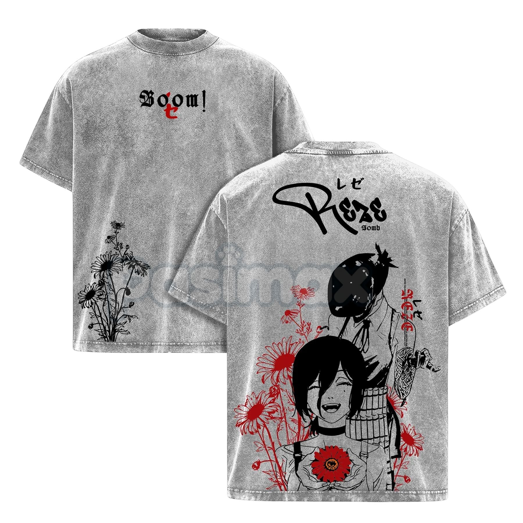 Pasimax Reze Chainsaw Man T-Shirt – Vintage Washed Oversized Heavy Cotton Tee, Bomb Devil Graphic — detail close-up
