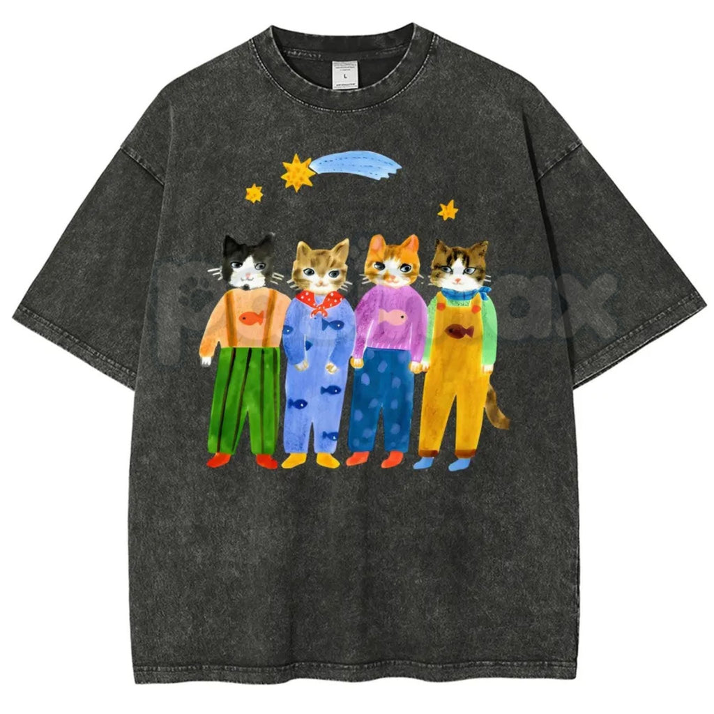Retro Cats in Overalls Graphic T-Shirt – Funny Hand-Painted Cat Vintage Washed Tee, 90s Aesthetic Lightweight Cotton Animal Top